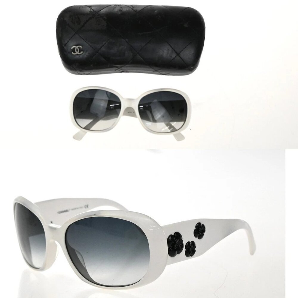 CHANEL Logo Camelia Sunglasses Eye Wear Plastic Black White 5113 Italy 60RF998